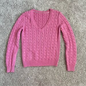 Y2K Tommy Hilfiger Pink Cable Knit V-Neck Cotton Sweater Size S Preppy Golf